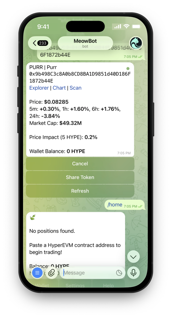MeowBot running in Telegram on an iPhone, showing a PURR token card with live price, market cap, and wallet balance